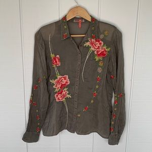 Vintage Sheer Button Front Blouse with Floral Embroidery